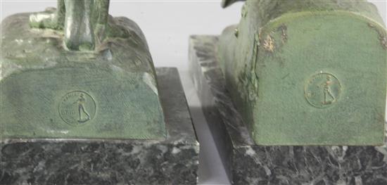 After Van de Voorde. A pair of patinated spelter bookends, modelled as a parrot and a heron, Tallest 8.5in,